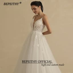 BEPEITHY Customized V Neck Spaghetti Straps A Line Lace Wedding Dresses For Women 2026 Shinny Sleeveless Boho Bridal Party Gown