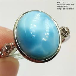 Natural Blue Larimar Oval Adjustable Ring Jewelry Water Pattern Real Larimar For Women Men Healing Fashion Stone AAAAAA