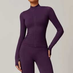 Women's Seamless Long Sleeve Yoga Top Ribbed High Neck Full Zip Slim Fit Sports Jacket Thumb Hole Workout Gym Running Activewear