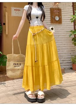 Boho Summer Cotton-Linen Midi Skirt: Flowy A-Line Pleated Long Skirt with Slimming Fit & Hip-Hiding Design for Resort Vacations