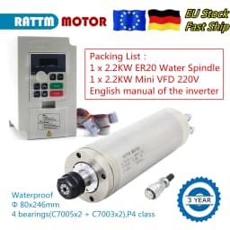 Waterproof 2200W CNC Spindle Motor 220v ER20 2.2kw Round Water Cooling Spindle 24000RPM +2.2kw VFD 48-63hz+Water Pump+80mm Clamp
