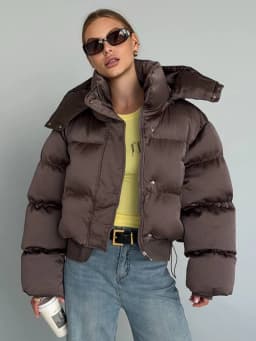 Solid Hooded Cropped Puffer Jacket Women Stand Collar Snap Button Loose Long Sleeve Jackets 2026 Winter Casual Warm Padded Coat