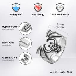 Fashion Gothic Bat Ring for Men, Non-fading Stainless Steel Creative Animal Rings, Punk Unique Design Finger Jewelry Size 8-11