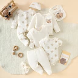 0-9M Baby 8 Pieces Layette Set, Neutral Cartoon Lion Print Soft Cotton All Season Newborn Infant Outfit