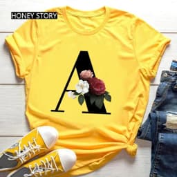 Large Size Yellow T-shirt for Men And Women with Black Fashion Trend Print of Flowers 26 English Letters Casual Short Sleeve Top