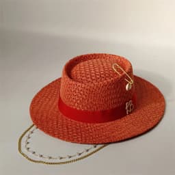 Cherry powder 2026 straw hat pearl chain DIY flat top sun hat new Korean elastic ribbon hat beach hat candy color sun hat