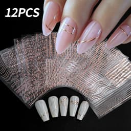 12Sheets Gold Metal Stripe Wave Nail Decals 3D Bronzing French Line/C Curve Stripe Nail Stickers 8*10cm Gold Line Nail Art Suppl