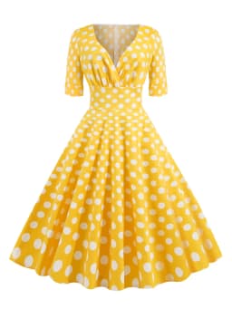 Tonval V-Neck Polka Dot Print 50s Pinup Midi Cotton Dresses for Women Half Sleeve Autumn Clothes Vintage Retro High Waist Dress