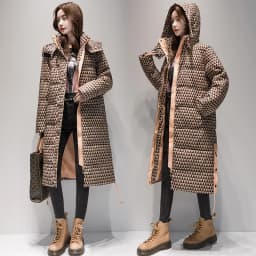 2023 Winter Warm Plaid Long Coat Women ' s Fashion Thicken Hooded Puffer Jacket Female Windproof Warm Outwear