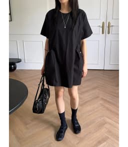 Loose Women's Summer New Style Retro round Neck Drawstring Pocket Dress Chic Short Sleeve Black Dress Polyester Fiber 100%