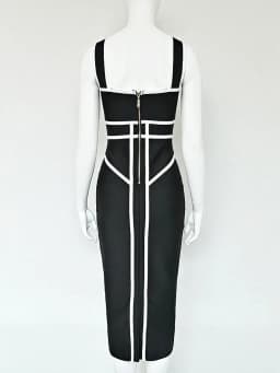 BEAUKEY Classic White And Black Stripes Bandage Long Evening Dress Luxury Contrast Vintage Woman Bodycon Elastic Dress Slim Midi