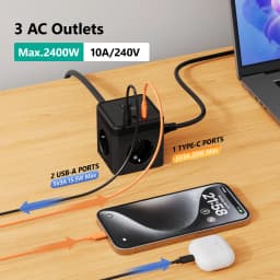 6-in-1 Power Strip Wall Socket Extender with 2M Extension Cable 3 AC 2 USB 1 Type-C Ports PD 20W Fast Charging Max 3680W(16A)