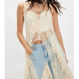 Women Sheer Maxi Lace Tanks Spaghetti Strap Mesh Tie Front Long Camisole Boho Flowy Floral See Through Coquette Layering Tops