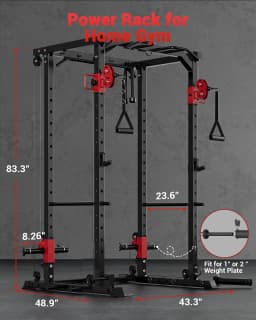 Multi-Functional Power Rack for Home Gym – Dual Pulley Cable System, 1200 lb Capacity Squat Cage with Training Attachments, Red