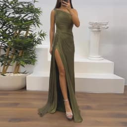 Women's Elegant Olive Green Evening Gown One Shoulder Ruched Waist Side Slit Satin Train Dubai Wedding Prom Formal Maxi Dress