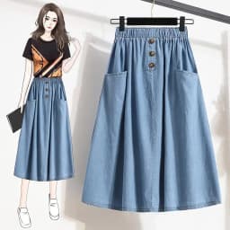 High Waist A-Line Midi Denim Skirt plus Size Summer New Style Thin Loose Color Casual Slimming Half-length Skirt