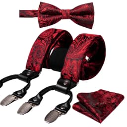 Silver Gold Red Black White Green Blue Pink Silk Mens Suspender Adjustable 6 Clips Braces Bowtie Hanky Cufflinks Set Barry.Wang