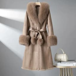 2023 New Rabbit Fur One Piece Coat for Women Mid length Fox Fur Collar Lace up Slim Fit Haining Fur Coat for Women