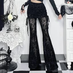 Goth Drak Elegant Fashion Flocking Print Long Pants 90s Grunge Mesh See Through Bodycon Flare Pant Mall Gothic Women Trousers