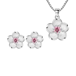 Real 925 Sterling Silver Crystal Flower Pendant Necklace Stud Earrings Jewelry Sets For Women Vintage New FQL23079