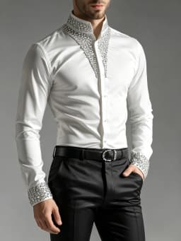 Luxury Rhinestone Shirt for Men Mandarin Stand Collar Crystal Embellished Cuff Long Sleeve Slim Fit Party Wedding Formal Blouse