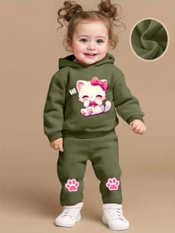Cute Cartoon Cat Pattern Long Sleeve Fleece Romper + Casual Sports Pants Set for Baby Girls Spring Autumn Gift