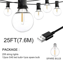 100/50/25ft USB LED Lights 5V 1W G40 Plastic Bulb Outdoor Waterproof Tent Fairy Patio Festoon String Light Wedding Decor