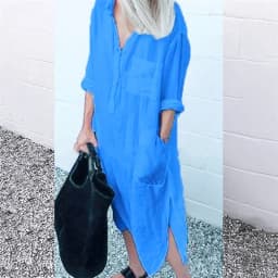 Women Elegant Cotton Linen Solid Color Dresses Summer Comfortable Female Casual Commuter Dress Multi-pocket Split Hem Loose Gown