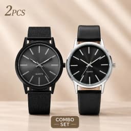 2Pcs Lovers Watch Set Classic Minimal Mesh & Leather Strap Analog Quartz Wristwatch Men Women Fashion Couple Matching Timepieces