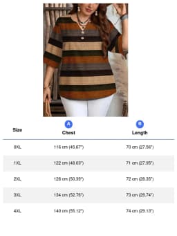 Plus Size Women Striped Print Blouse 3/4 Sleeve V‑Neck Button Decor Elastic Fabric Casual Ladies Tops