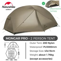 Naturehike Mongar 2 UL/PRO 1-2 Person Backpacking Tent Nylon Waterproof Ultralight Travel Trekking Shelter Tent with Footprint