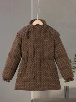 Upgraded Thickened Allover Printed Mid Length Padded Coat Stand Collar Drawstring Waist Windproof 2026 Winter Women Outer Jacket
