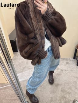 Lautaro Autumn Winter Brown Thick Warm Soft Faux Mink Fur Coat Women Lantern Sleeves Elegant Luxury Chic Fluffy Jacket 2026