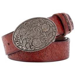 Tang Grass Pattern Embossed Leather Belt Fashion for Men Youth