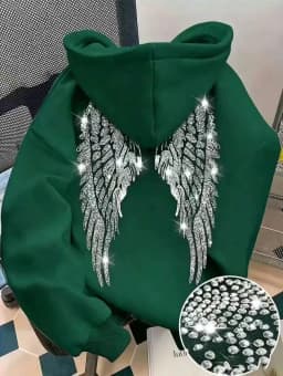 Leisure Spring and Autumn Sweater Wing Print and Hot Rhinestone Two Styles Women's Long-sleeved Pullover Hoodie