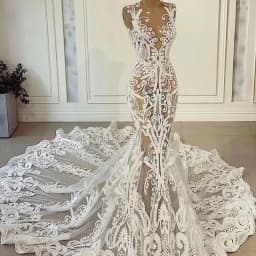 Customized 2025 Latest Perspective Sexy Mermaid Custom Wedding Dress Bridal Dress Lace Stickers African Nigerian Court Tail
