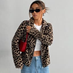 IG Women Leopard Print Stand Collar Zip-Up Fuzzy Jacket, Long Sleeve Warm Fluffy Short Coat, Winter Casual Street Outerwear
