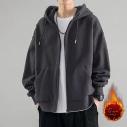 Men's Spring Autumn Winter Fleece Lined Hooded Open Cardigan Jacket Trendy Casual Loose Top Zipper Style Youth Popular