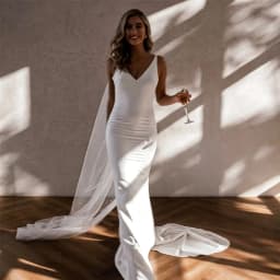 Spaghetti Straps Satin Mermaid Wedding Dress Deep V Neck Open Back Bridal Gown Pearl Veil Long Train Simple Civil Bride Dress