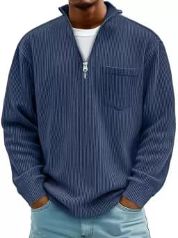 Autumn And Winter New Men's Solid Color Corduroy Long-sleeved Zipper Stand-up Collar Loose Fashion Men's Sweater