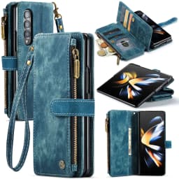 for Samsung Galaxy Z Fold 3/4 Wallet Case,Durable PU Leather Magnetic Wallet Flip Lanyard Strap Wristlet Zipper Card Holder Case