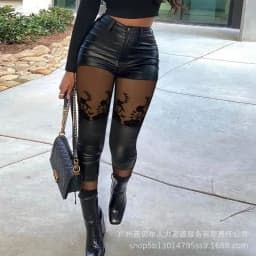 Women's New Elastic Small Leg PU Leather Pants Series Black Mesh Lace Pu Sexy Women Trousers 2025 New Fashion Pants M4MG