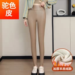 PU Super Quality Winter Women Large Size Khaki Leather Pants Lamb Velvet Leggings High Waist Fleece Lined Windproof Thickened
