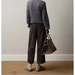 Retro 2025 Leather Ankle-Length Pants Women Elastic Waist Suede Sheepskin Wide Leg Length Straight Cylinder Trousers Black brown