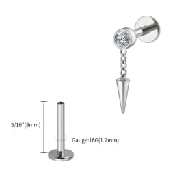 Right Grand ASTM F136 Titanium Bezel CZ Dangle Cone Labret Cartilage Earring Conch Helix Stud Tragus Spike Chain Drop Earring