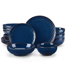 MALACASA LYDIA 16/32 Piece Blue Stoneware Plates Dinner Set Embossment Dinnerware with 6pcs Dinner Plate/Dessert/Soup/Bowl