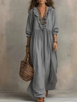 2026 New Spring Summer Long Dress Elegant Striped Ruffled Loose High-Waisted V-Neck Fashion Casual Dress Large Size Beach Robe