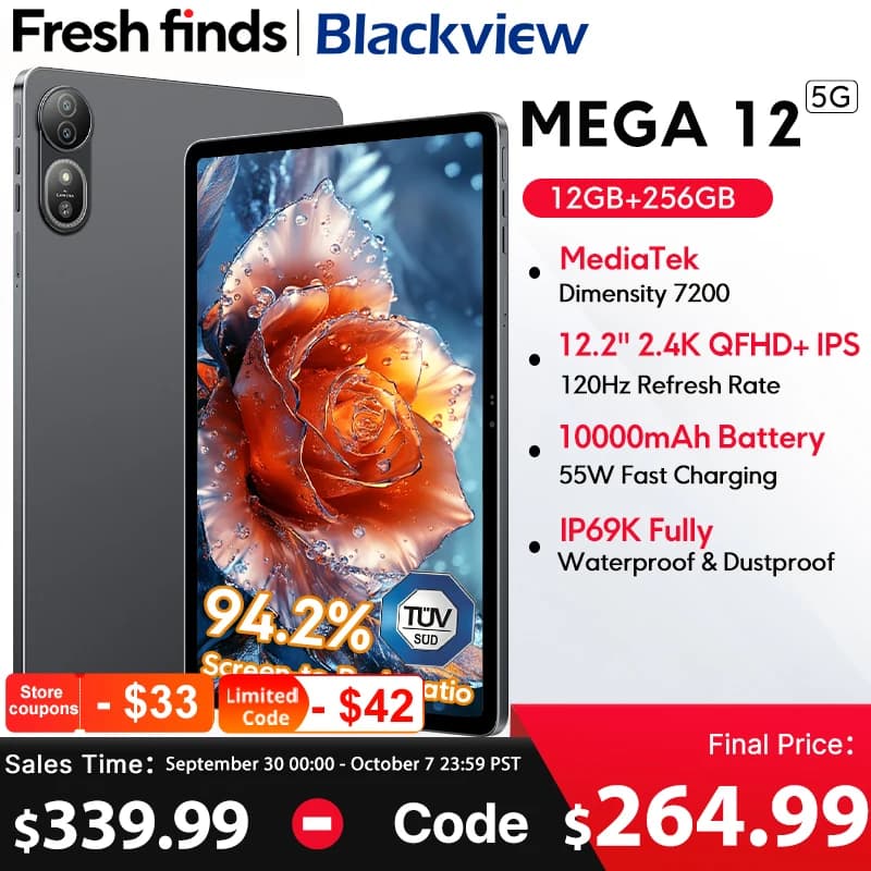Blackview MEGA 12 Tablet 5G Dimensity 7200 CPU 12.2" 2.4K 120Hz Display IP69K Waterproof 50MP 10000mAh Pad PC