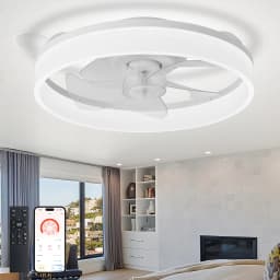 20" Modern Low Profile Flush Mount Fandelier - App & Remote Control, Dimmable Black Bladeless Ceiling Fan Light for Bedroom