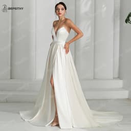 BEPEITHY Customized Ivory Satin A Line Wedding Dress Women 2026 Sweetheart Sexy High Slit Sweep Train Bride Boho Bridal Gown